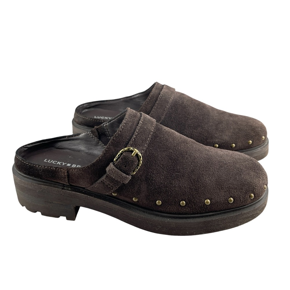 Lucky Brand Caytina Women's Mules Clogs 7.5M Brown Suede Studded Platform Y2K